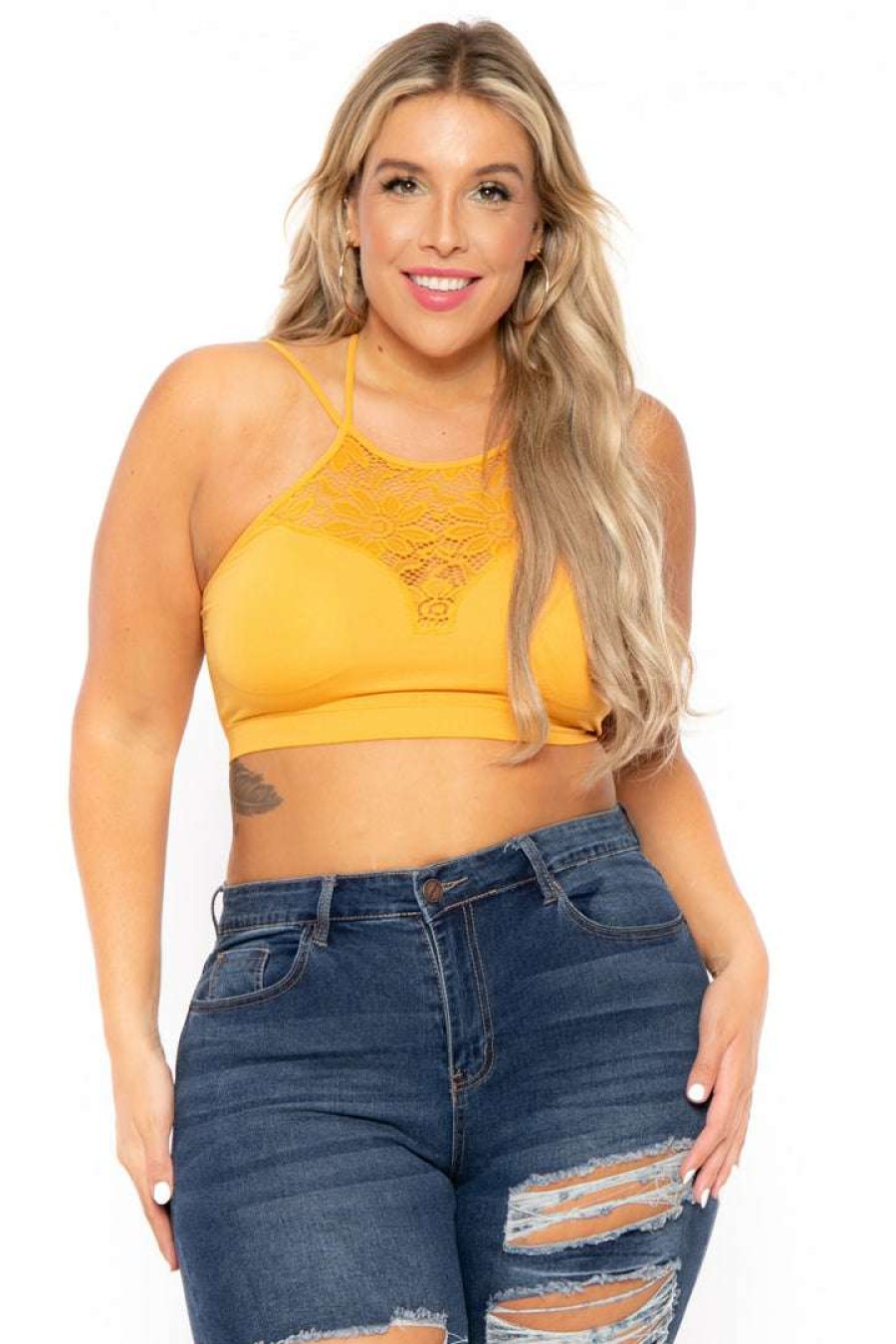 Tops * | Zenana New Arrivals Plus Size Lace Trim Bralette Mustard