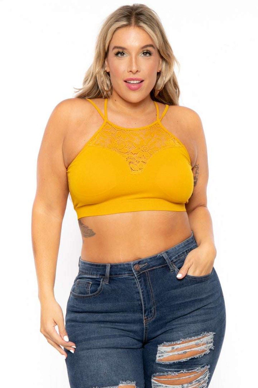 Tops * | Zenana New Arrivals Plus Size Lace Trim Bralette Mustard