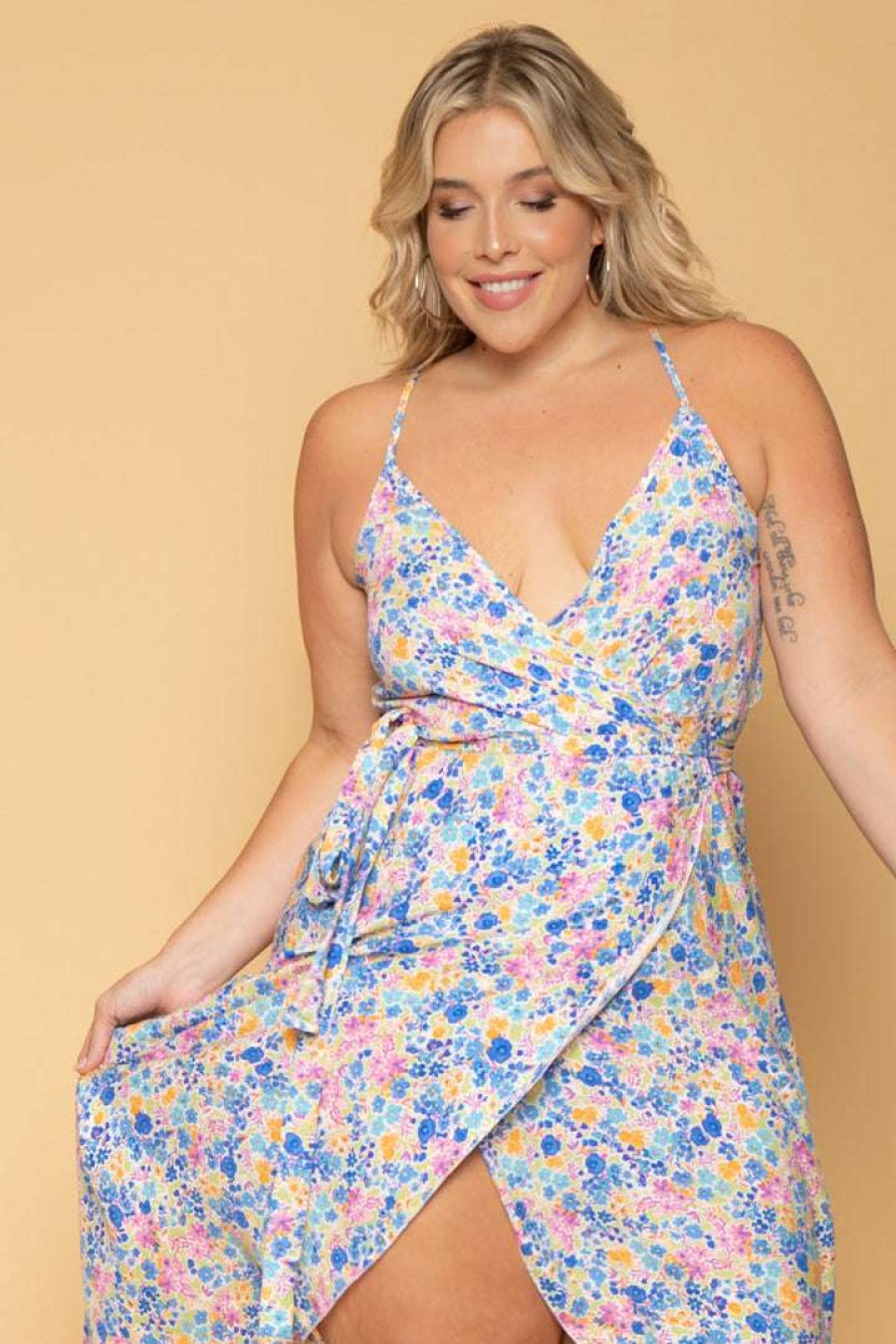 Dresses * | Sky Plus Plus Size Margie Floral Wrap Dress New Arrivals Blue