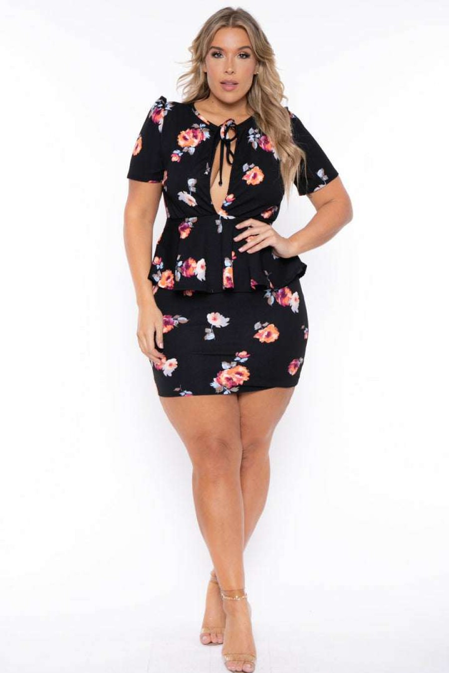 Dresses * | Curvy Sense Dresses Plus Size Floral Peplum Dress Black