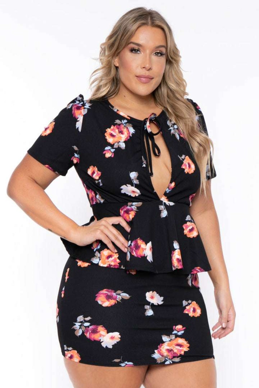 Dresses * | Curvy Sense Dresses Plus Size Floral Peplum Dress Black