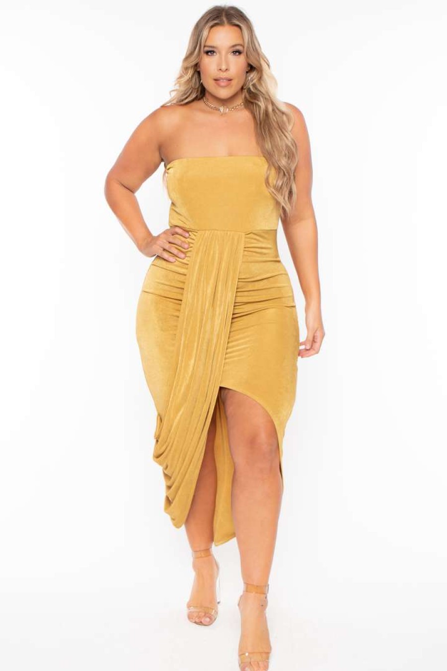 Dresses * | Curvy Sense Back In Stock Plus Size Rylee Front Drape Dress Mustard