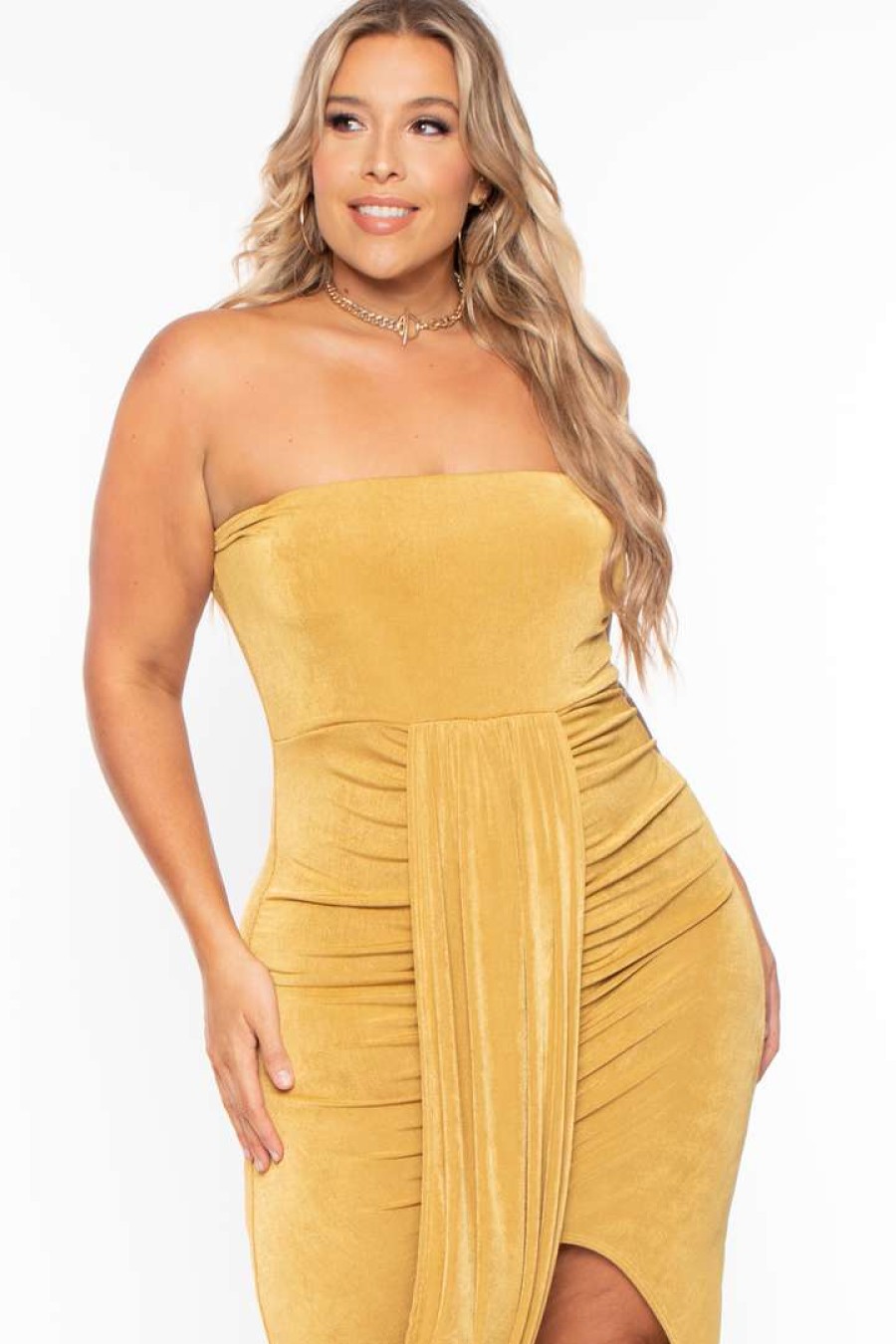 Dresses * | Curvy Sense Back In Stock Plus Size Rylee Front Drape Dress Mustard