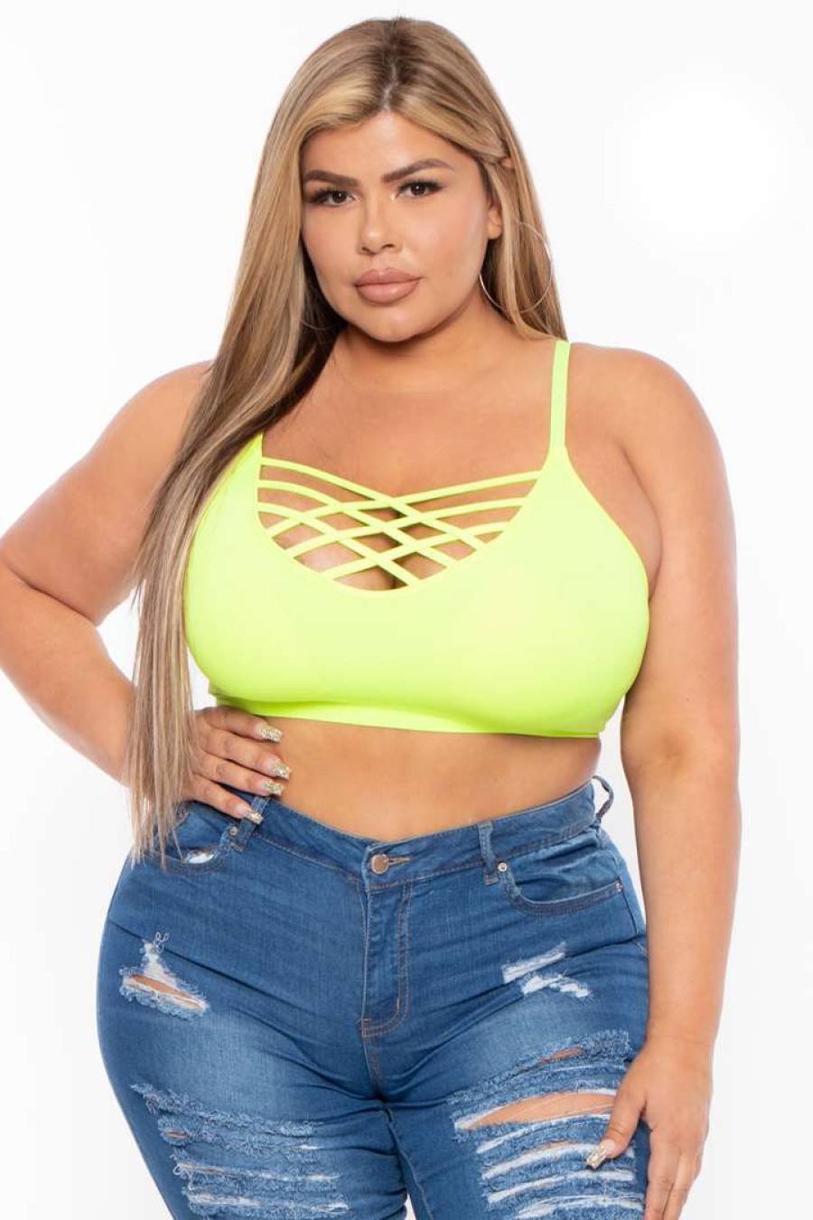 Tops * | Zenana Plus Size Caged Bralette Neon Lime