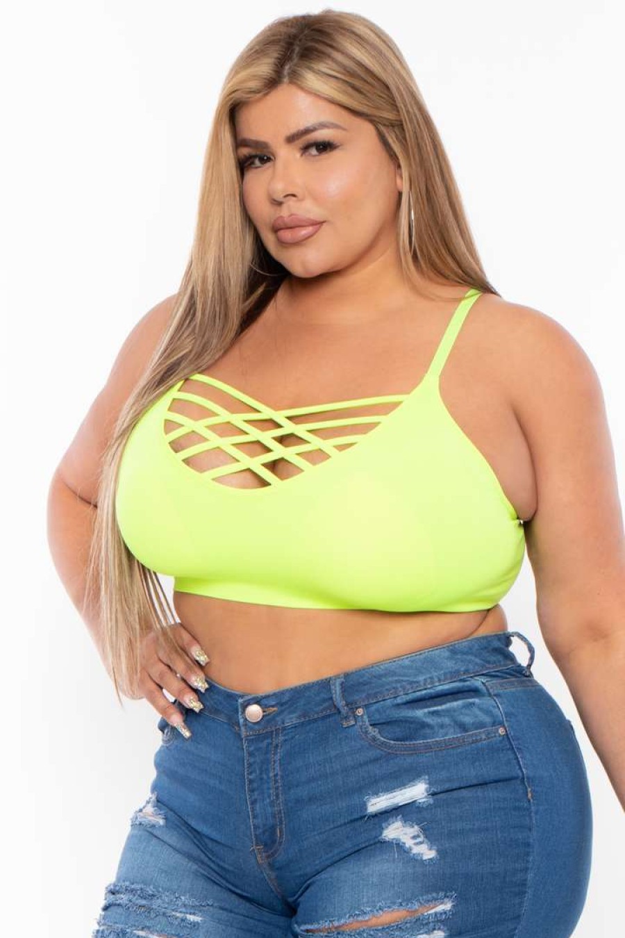 Tops * | Zenana Plus Size Caged Bralette Neon Lime