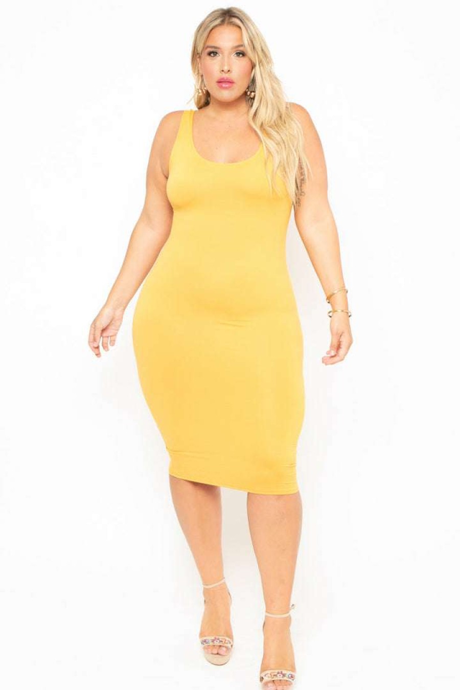 Dresses * | Curvy Sense Most Loved Plus Size Essential Tank Midi Dress Mustard