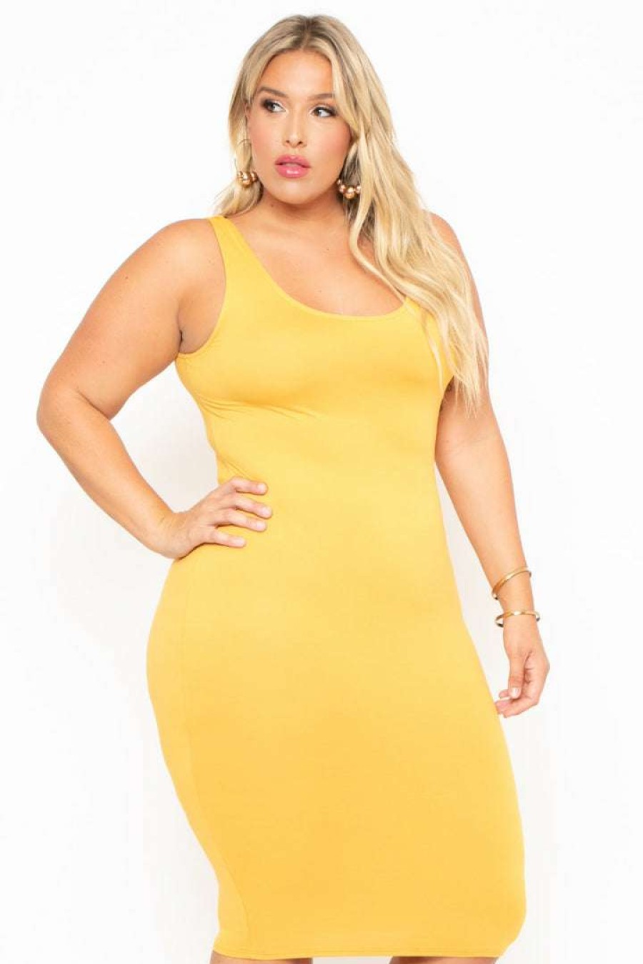 Dresses * | Curvy Sense Most Loved Plus Size Essential Tank Midi Dress Mustard