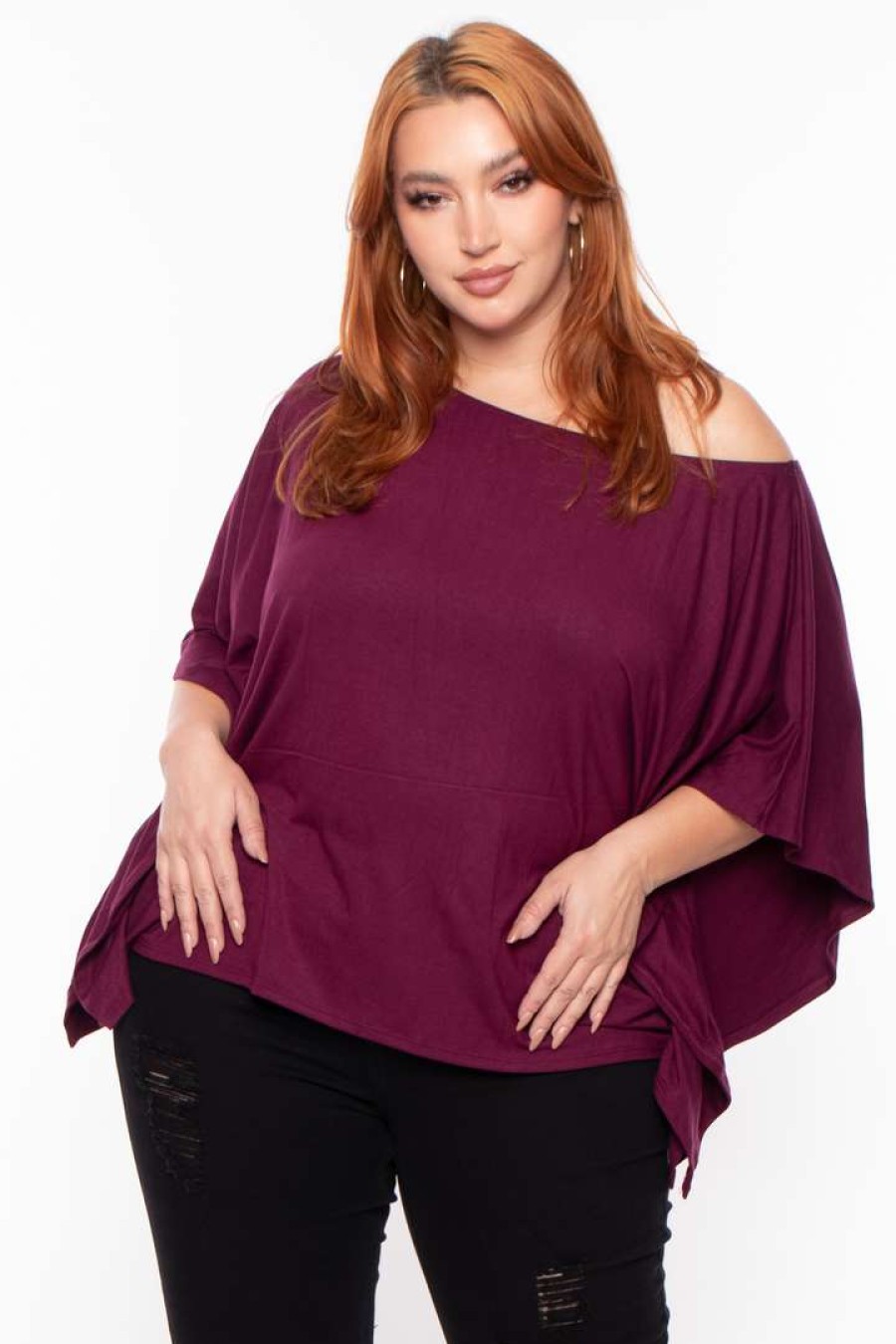 Tops * | Curvy Sense Tops Plus Size Off The Shoulder Top Burgundy