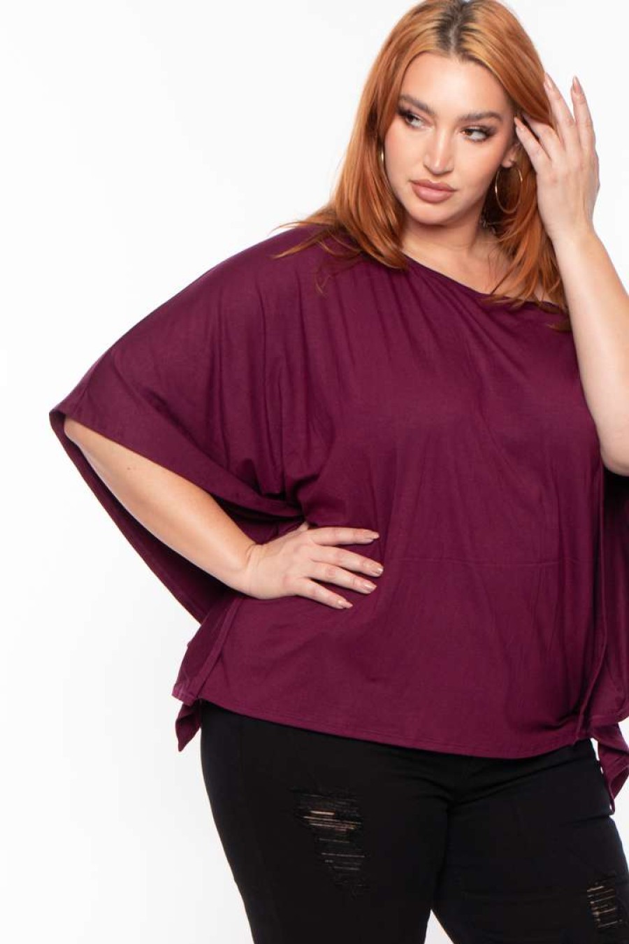 Tops * | Curvy Sense Tops Plus Size Off The Shoulder Top Burgundy