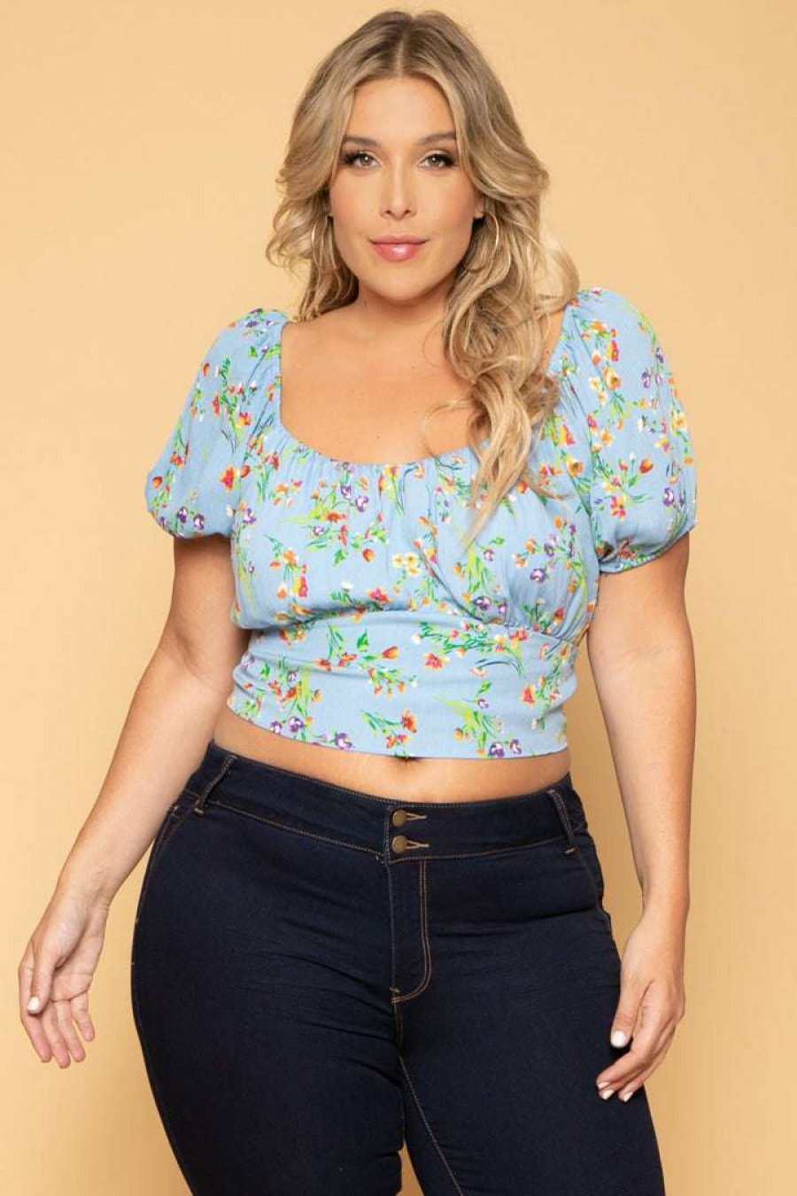 Tops * | Ambiance Plus Size Cassia Floral Top Blue