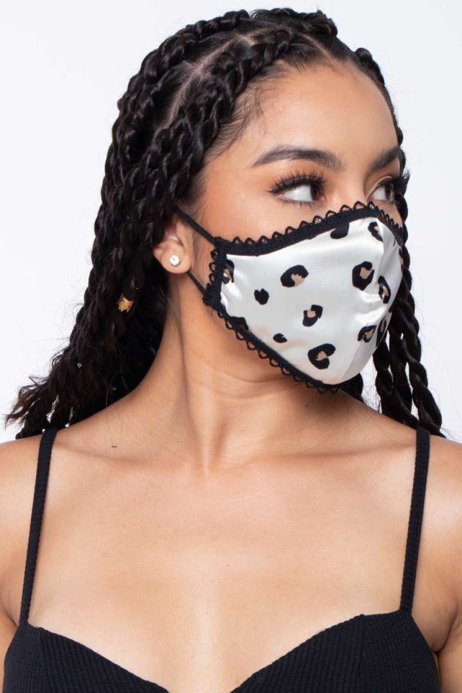 Accessories * | Curvy Sense Washable Dual-Layer Lace-Trimmed Leopard Satin Face Mask Face Masks Ivory