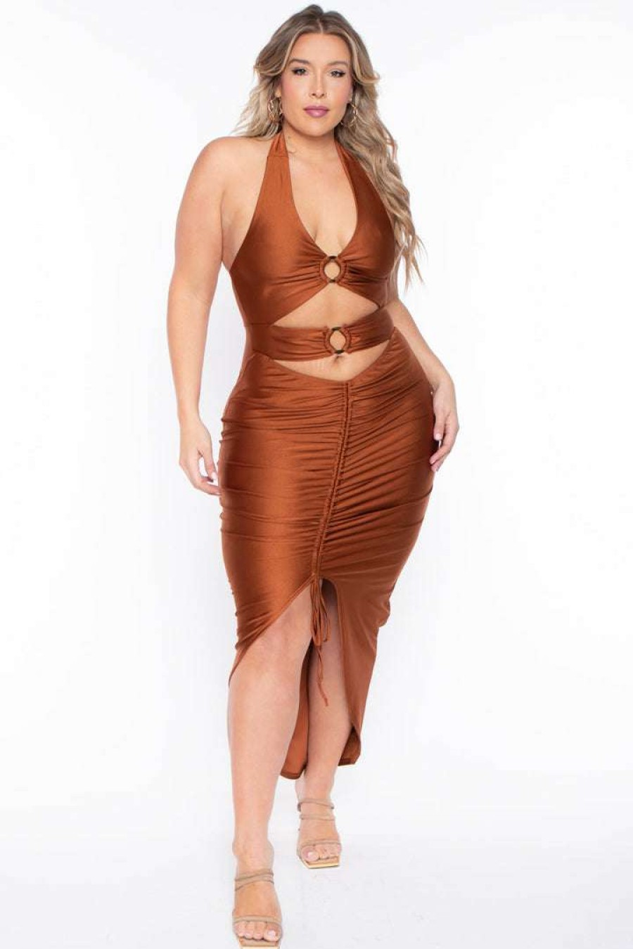 Dresses * | Curvy Sense Party Shop Plus Size Charlize Halter Dress Rust