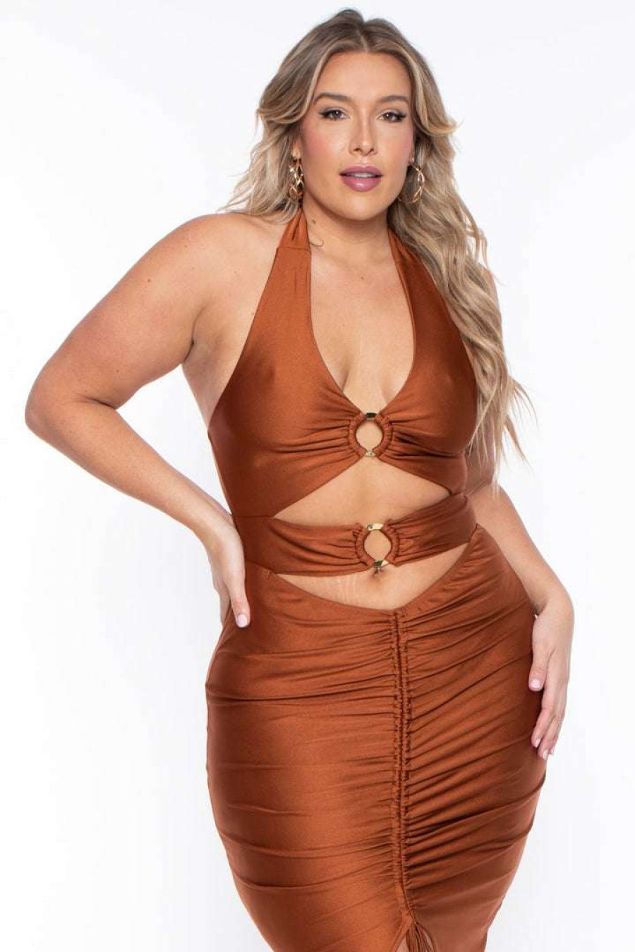 Dresses * | Curvy Sense Party Shop Plus Size Charlize Halter Dress Rust