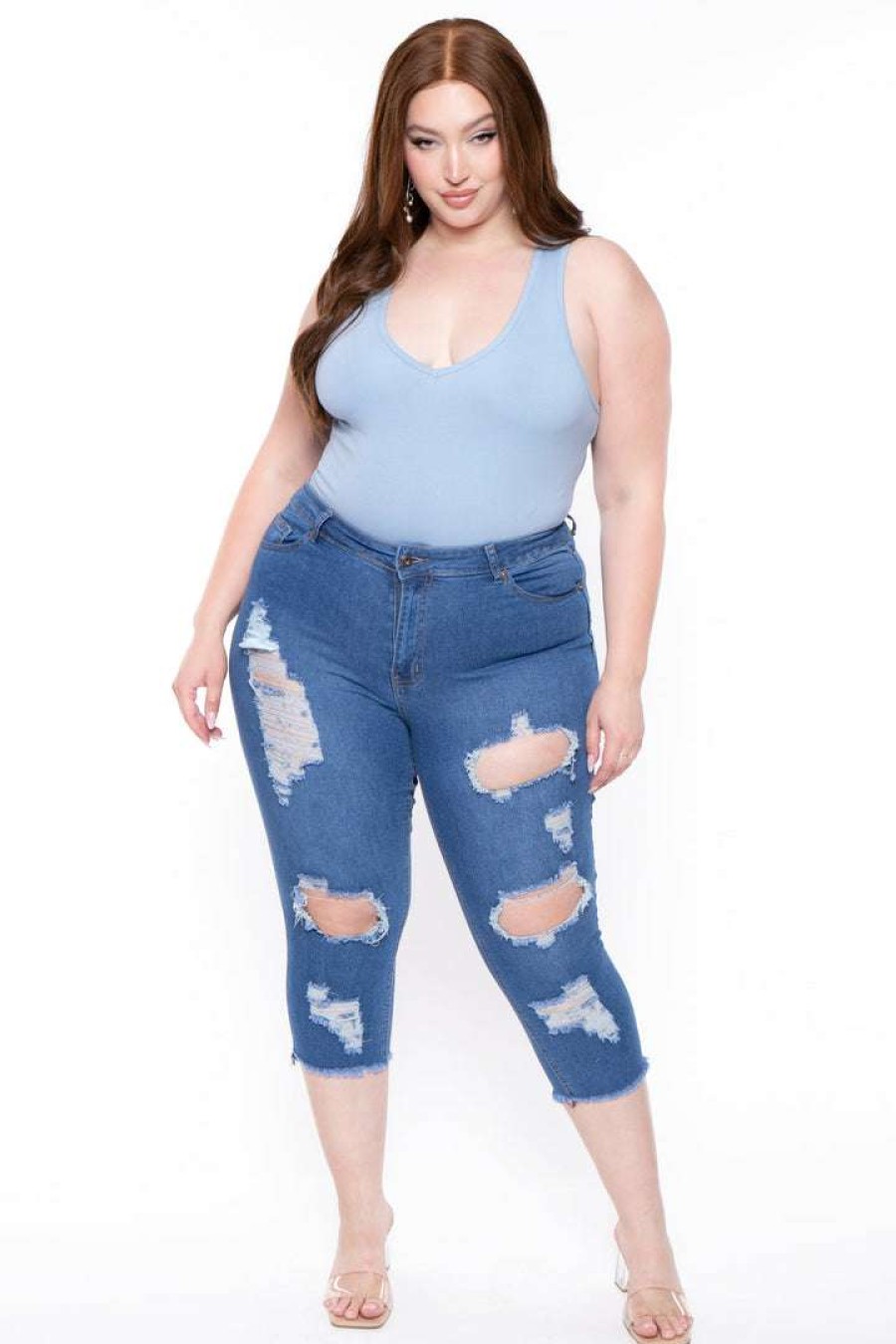 Bottoms * | Diamante New Arrivals Plus Size Janece High Waist Capri Jeans Medium Medium Wash