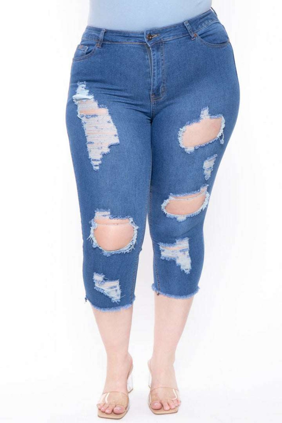 Bottoms * | Diamante New Arrivals Plus Size Janece High Waist Capri Jeans Medium Medium Wash