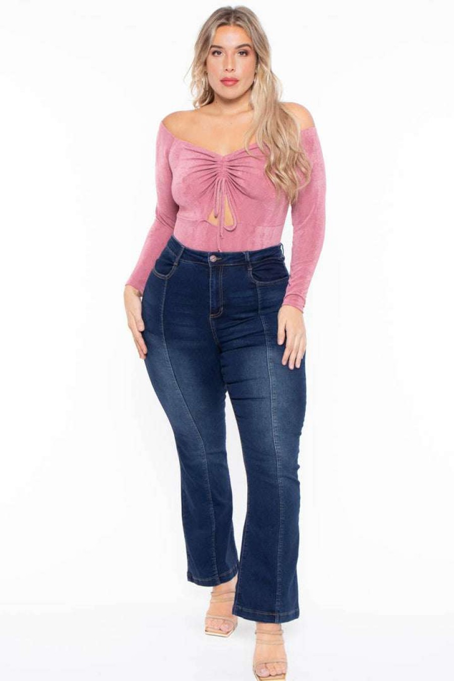 Bottoms * | Plus Size Dollhouse Jackie Flare Jeans Dark Wash Blue