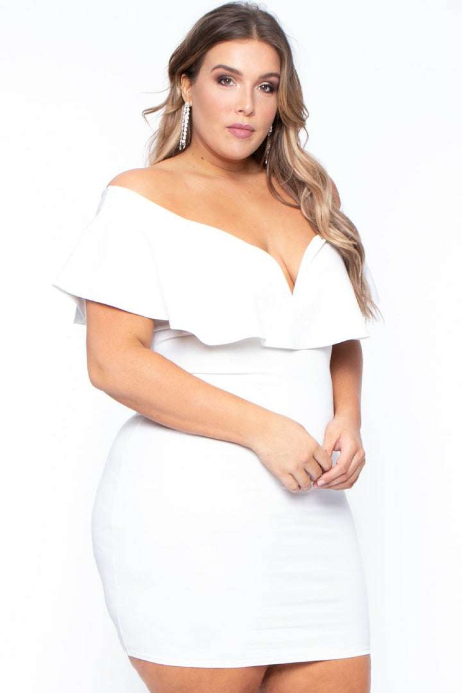 Dresses * | Curvy Sense Plus Size Frill Bodycon Dress Ivory