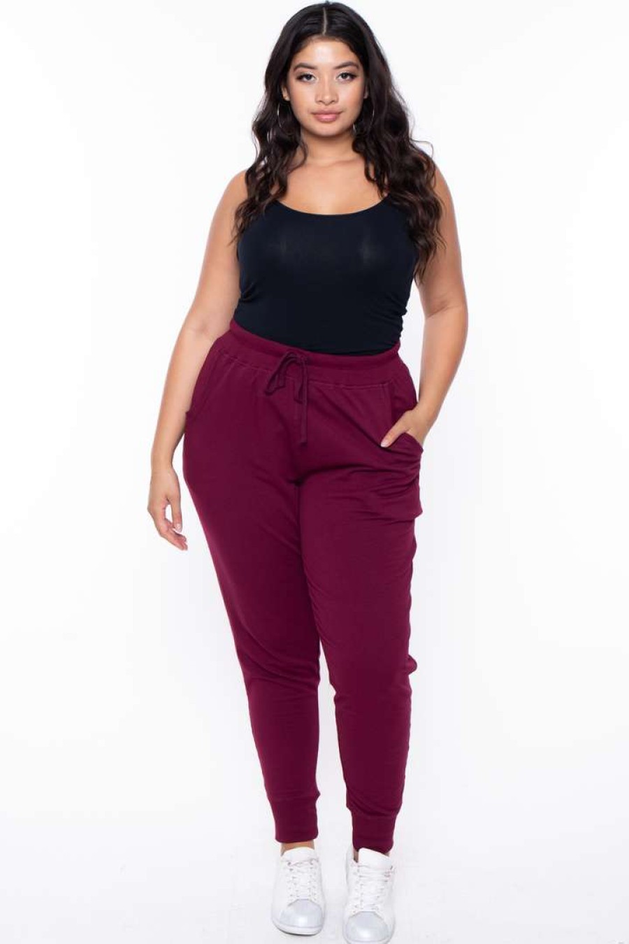 Bottoms * | Ambiance Plus Size Sweat Jogger Bottoms Burgundy