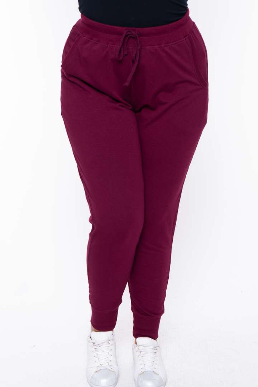 Bottoms * | Ambiance Plus Size Sweat Jogger Bottoms Burgundy