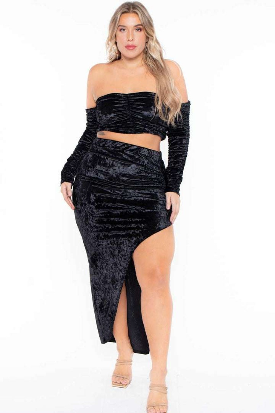 Sets * | Curvy Sense Plus Size Amara Velour Ruched Matching Set Matching Sets Black