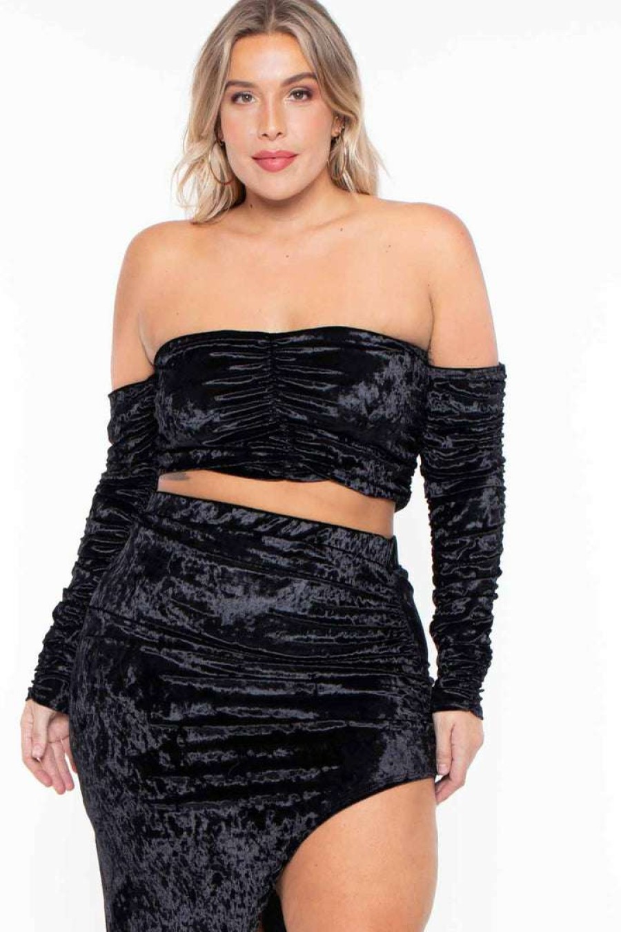 Sets * | Curvy Sense Plus Size Amara Velour Ruched Matching Set Matching Sets Black