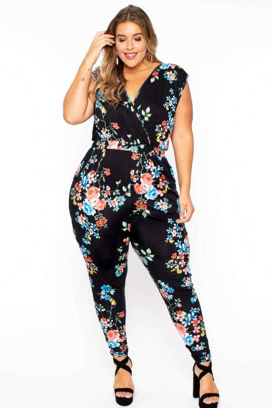 Jumpsuits * | Curvy Sense Plus Size Rosewood Print Jumpsuit Black