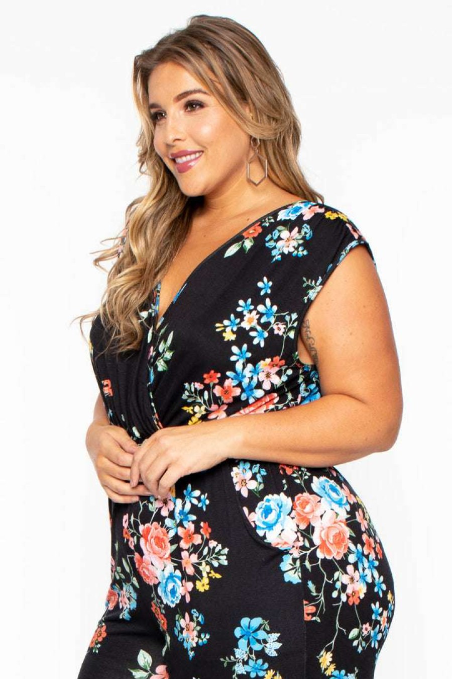 Jumpsuits * | Curvy Sense Plus Size Rosewood Print Jumpsuit Black