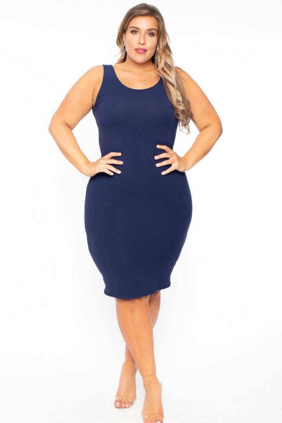 Dresses * | Curvy Sense Plus Size Essential Tank Midi Dress Navy