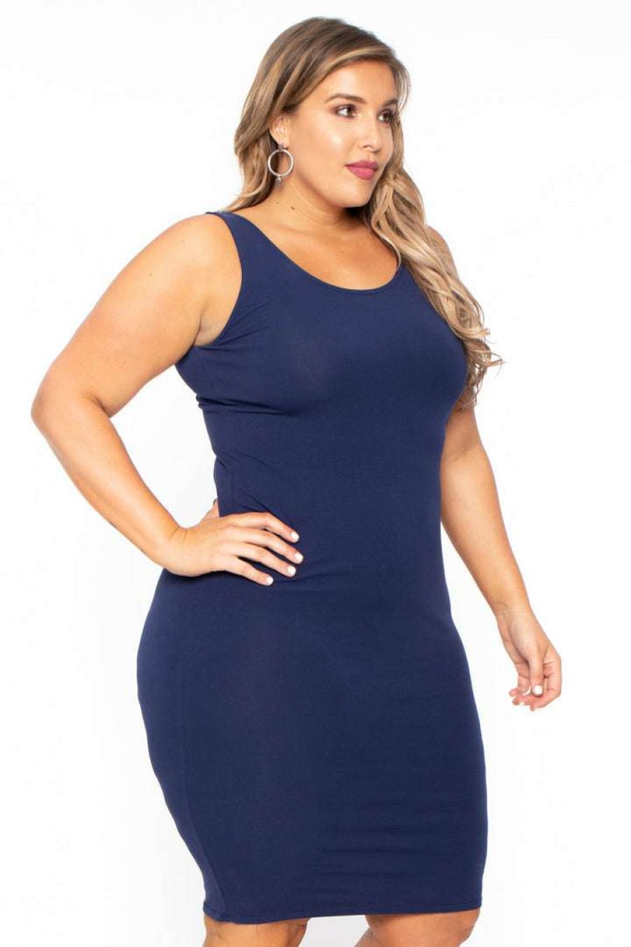 Dresses * | Curvy Sense Plus Size Essential Tank Midi Dress Navy