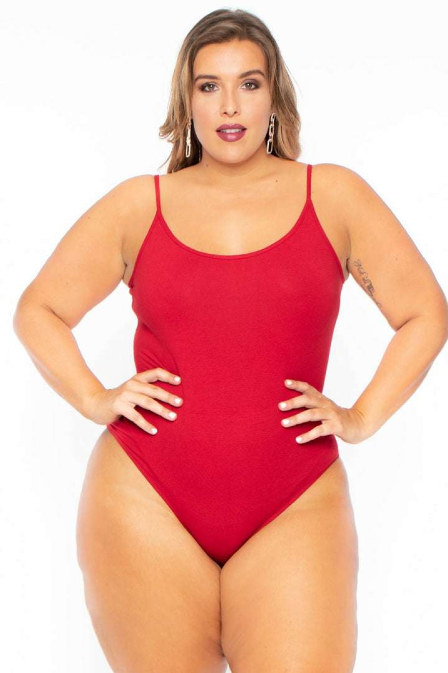 Tops * | Curvy Sense Plus Size Jersey Girl Bodysuit Back In Stock Red