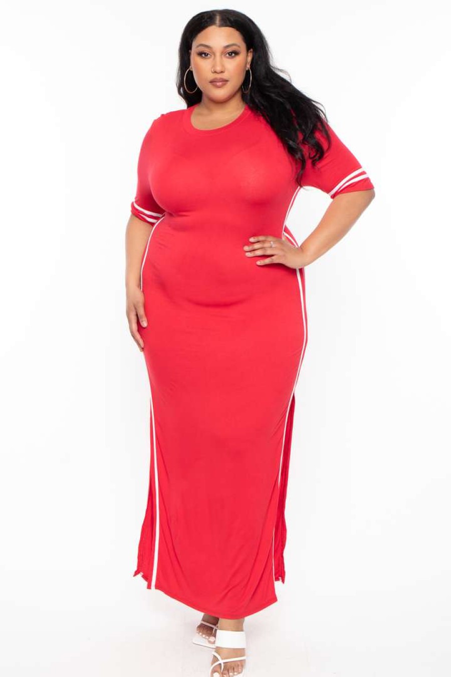 Dresses * | Solid Plus Size Varsity Stripe Maxi Dress Red