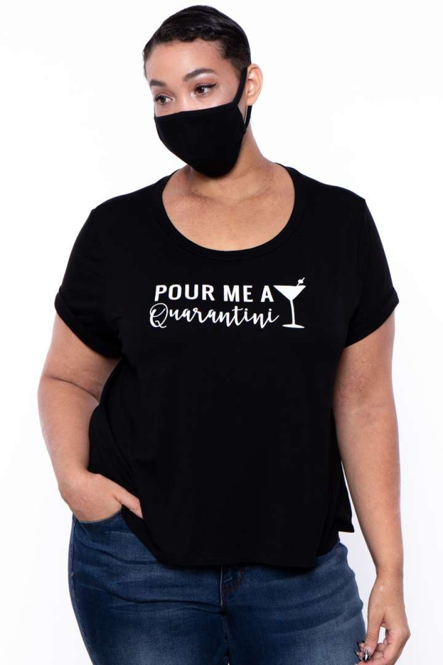 Sets * | Curvy Sense Plus Size Graphic "Quarantini" Tee & Mask Set Black