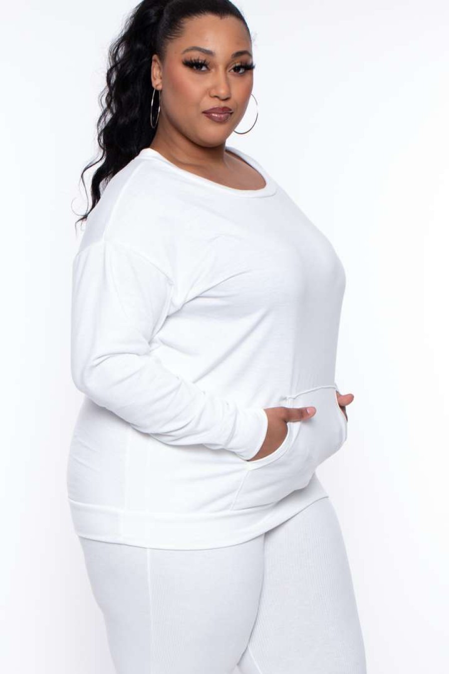 Sets * | Curvy Sense Plus Size Essential Sweatshirt Pullover Ivory