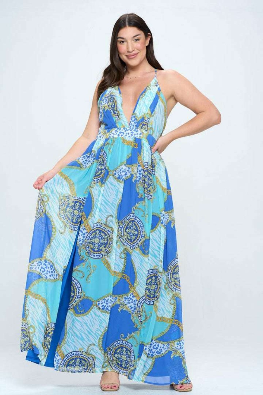 Dresses * | Ricarica New Arrivals Plus Size Svana Abstract Maxi Dress Blue