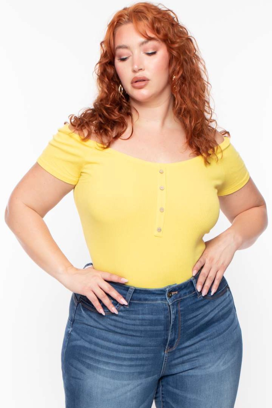 Tops * | Ambiance Plus Size Button Rib Bodysuit Tops Yellow