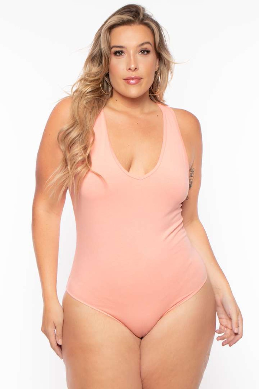 Tops * | Ambiance Plus Size V-Neck Bodysuit Peach