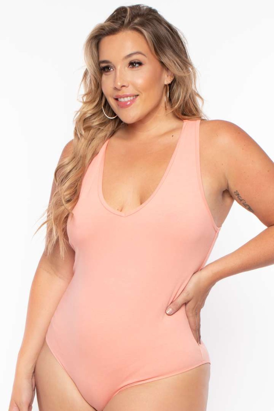 Tops * | Ambiance Plus Size V-Neck Bodysuit Peach