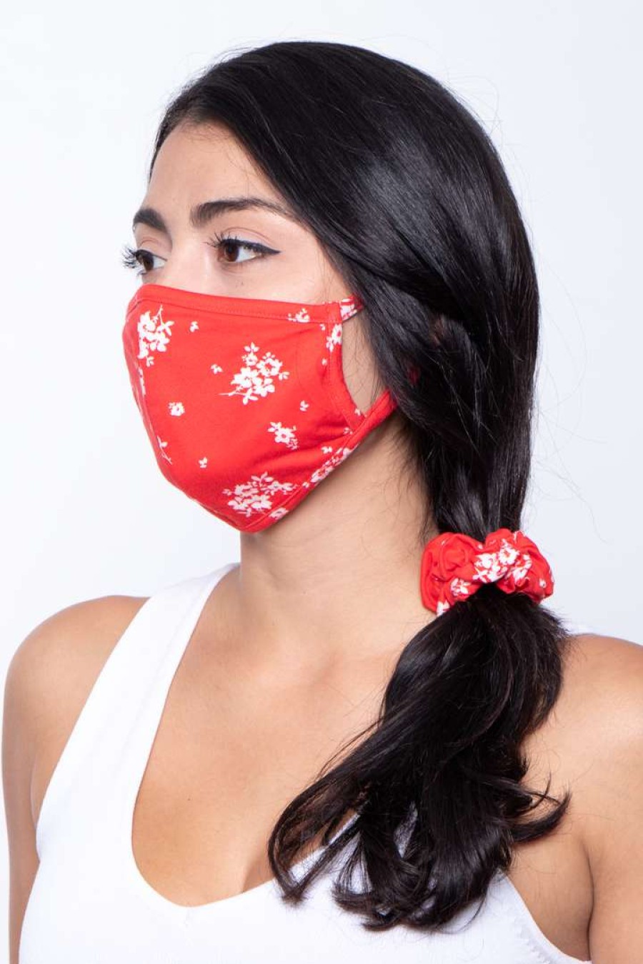 Sets * | Curvy Sense Washable Face Mask & Scrunchie Set Matching Sets Floral Red