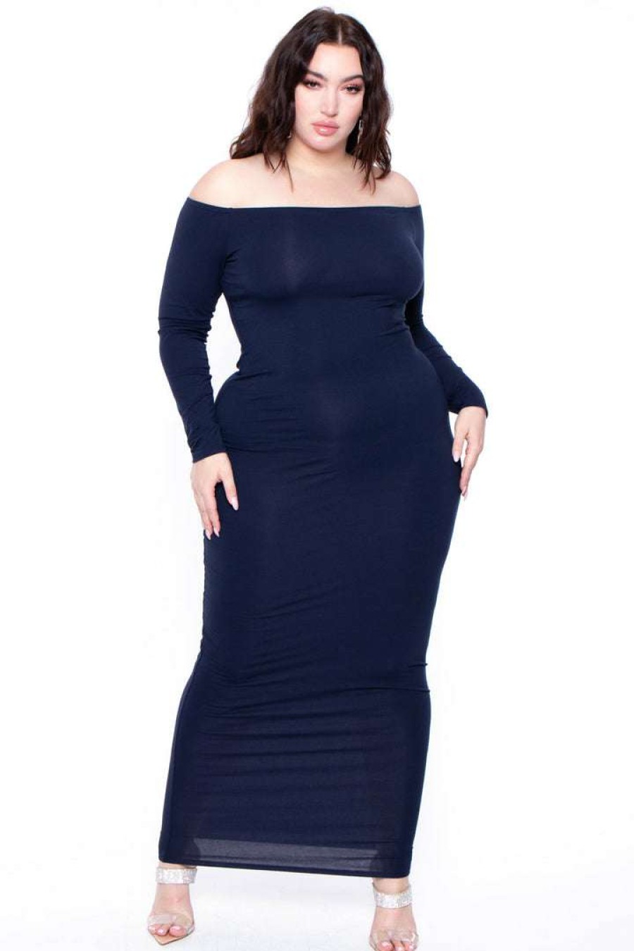 Dresses * | Curvy Sense Plus Size Off The Shoulder Maxi Dress Navy