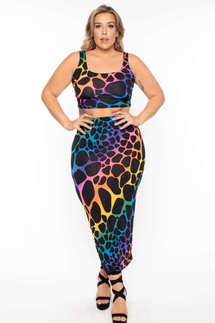 Sets * | The Curve La Plus Size Sophie Rainbow Tank & Skirt Set Matching Sets Black