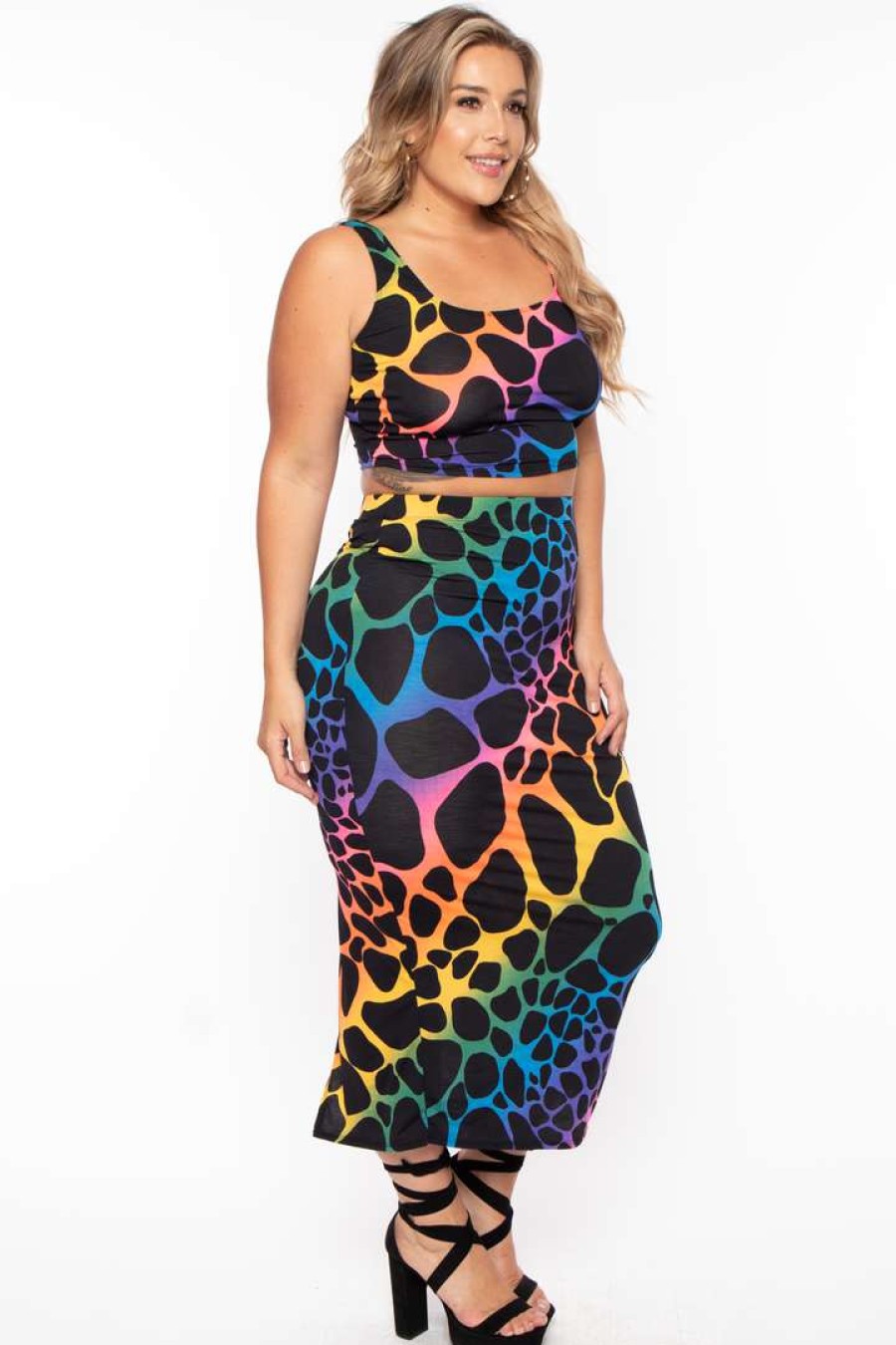 Sets * | The Curve La Plus Size Sophie Rainbow Tank & Skirt Set Matching Sets Black