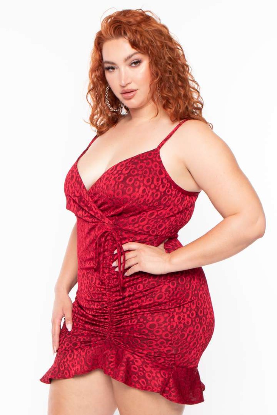 Dresses * | Curvy Sense Plus Size Jacquard Ruffled Dress Red