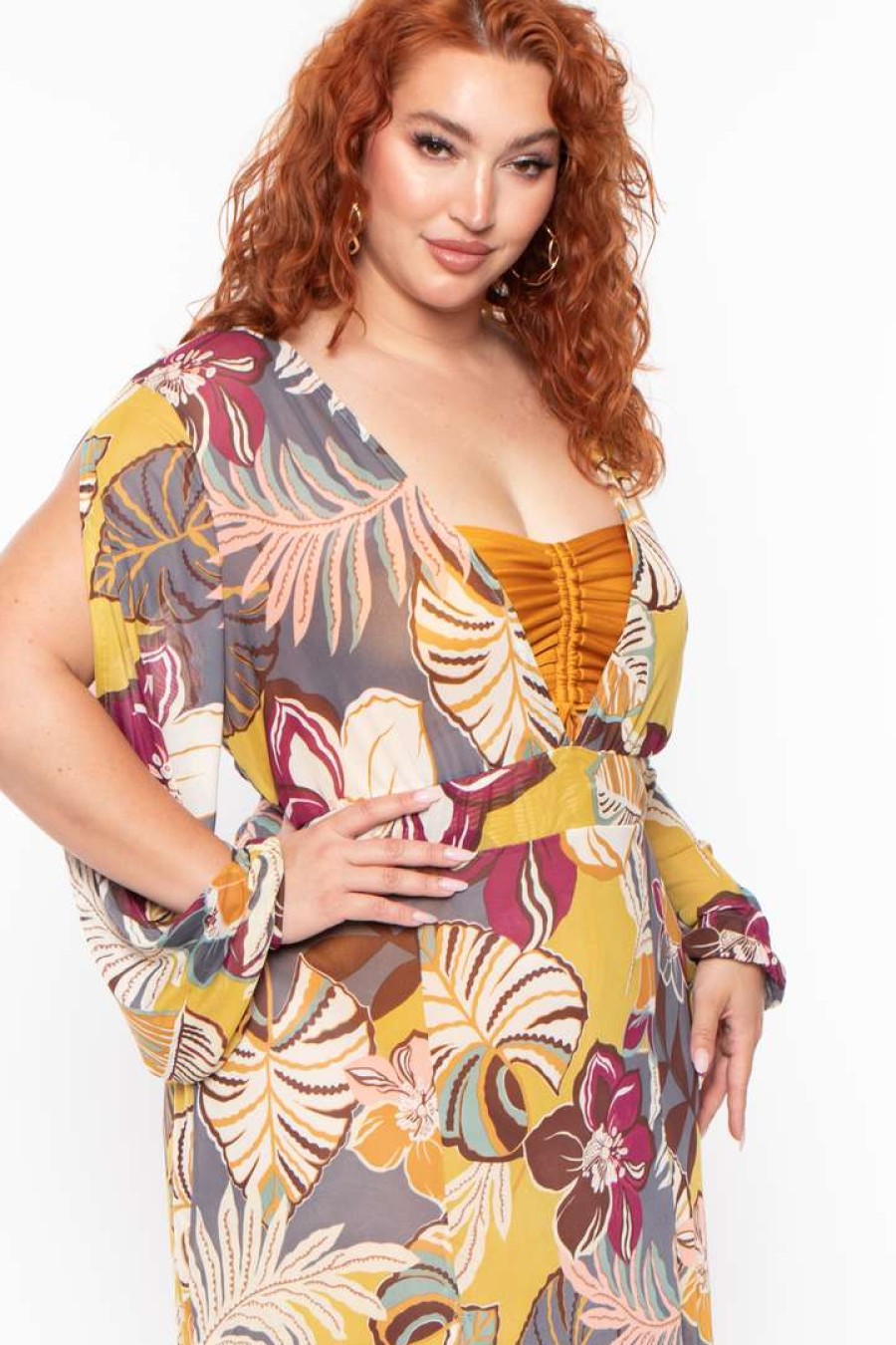 Dresses * | Curvy Sense Plus Size Tropical Print Mesh Maxi Cover-Up Dress Multi