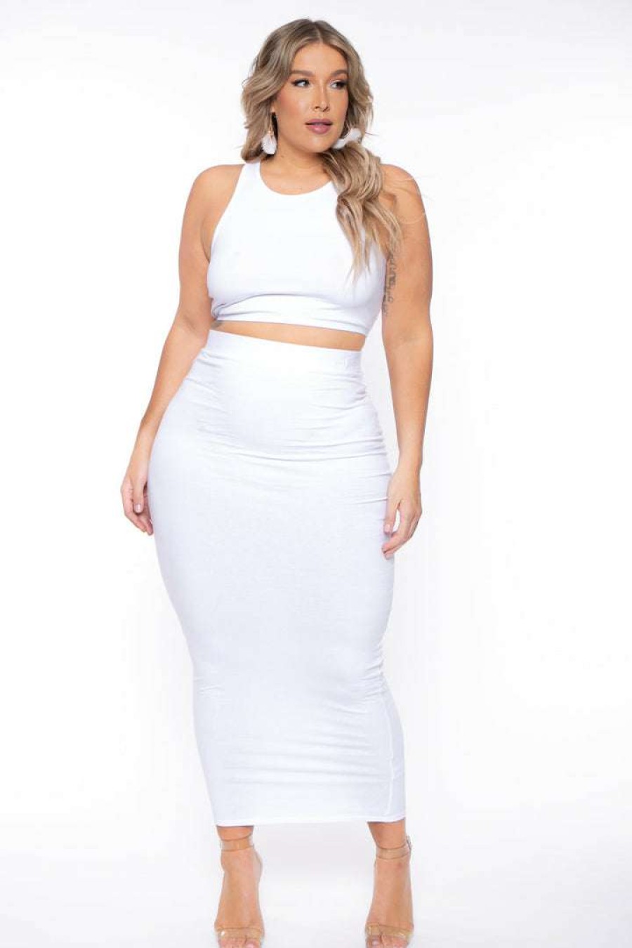 Sets * | Curvy Sense Plus Size Candace Tank And Skirt Matching Set New Arrivals White