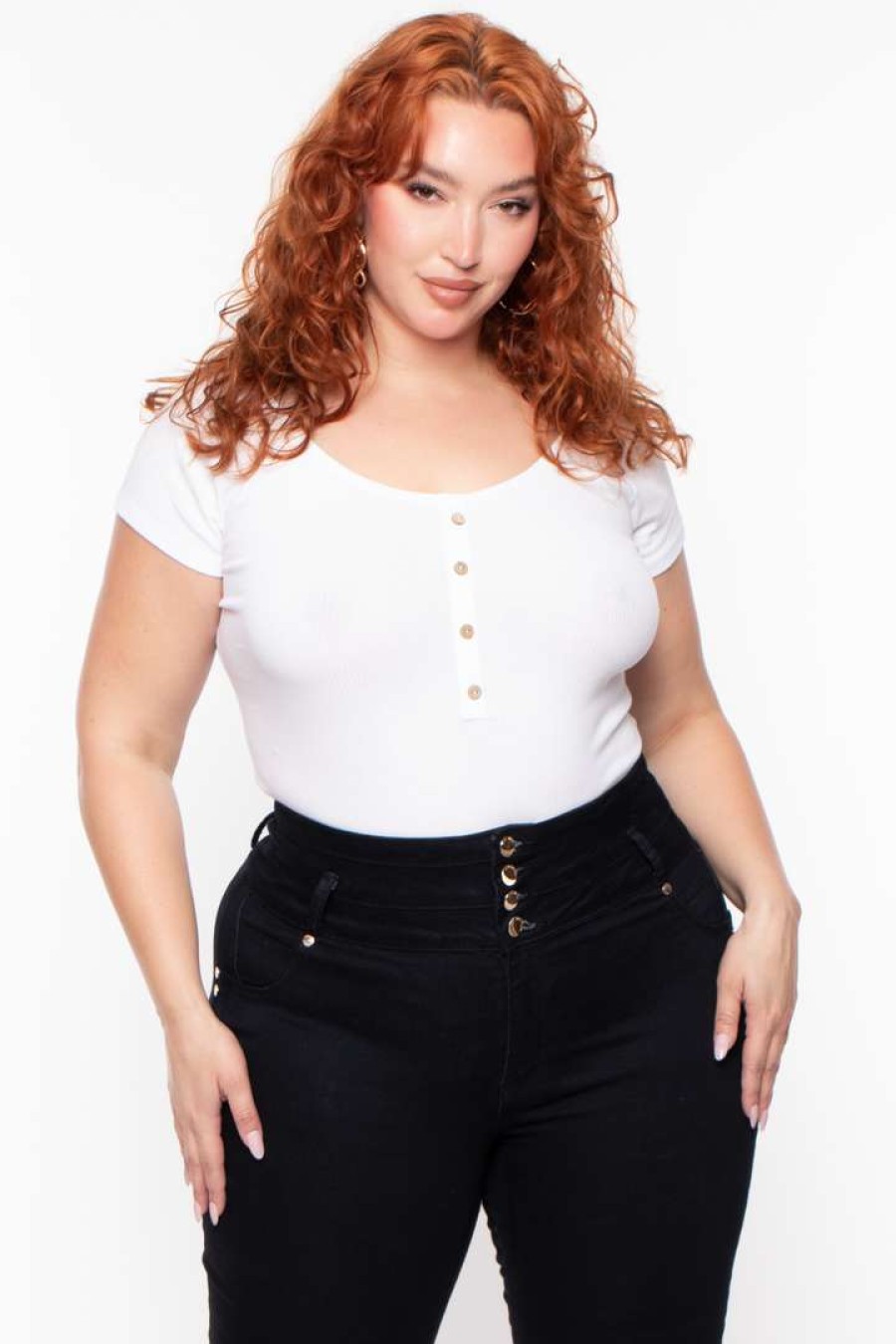 Tops * | Ambiance Plus Size Button Rib Bodysuit White