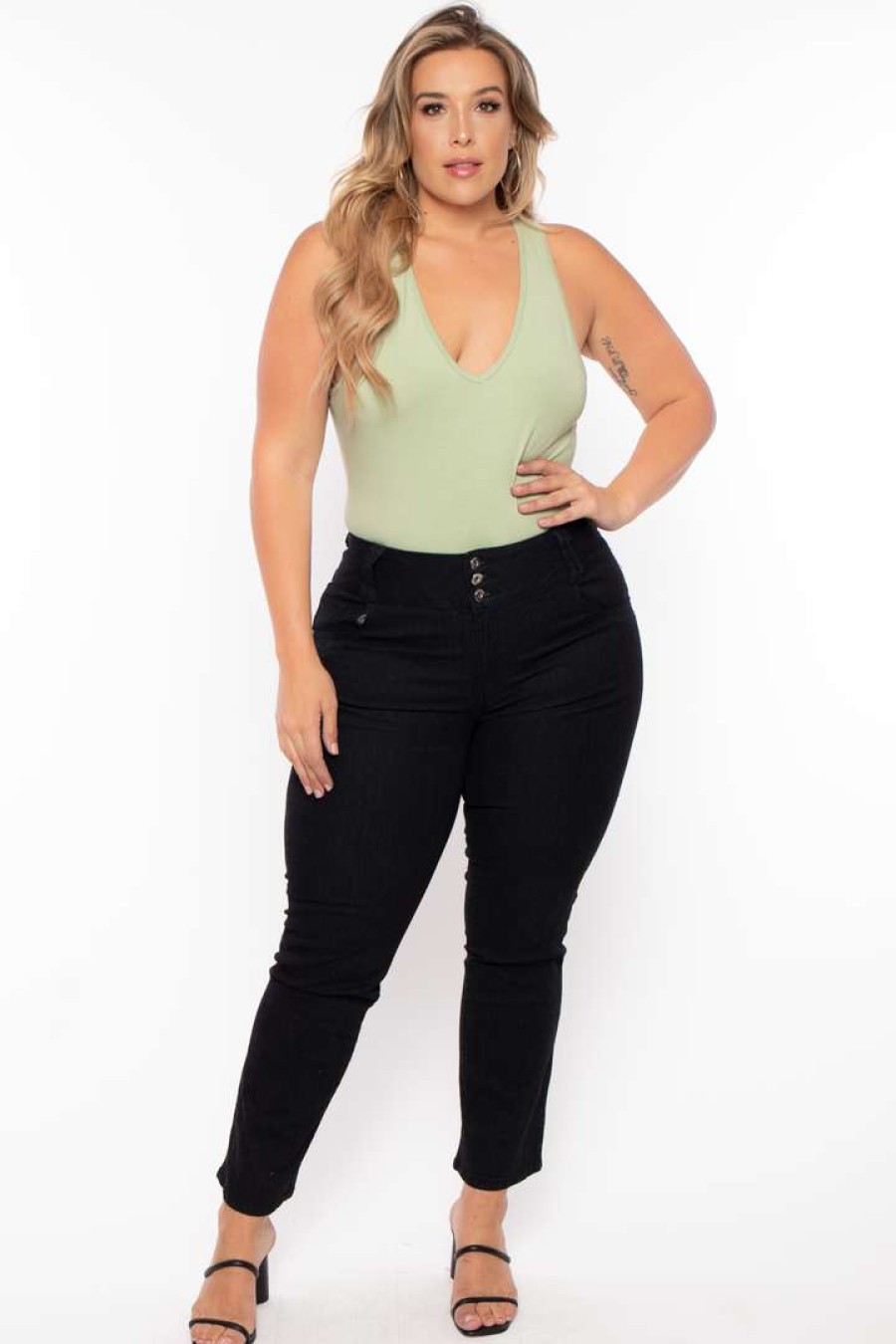 Tops * | Ambiance Tops Plus Size V-Neck Bodysuit Sage