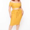 Sets * | Curvy Sense Plus Size Off The Shoulder Textured Matching Set Mustard