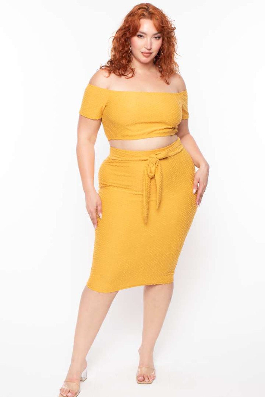 Sets * | Curvy Sense Plus Size Off The Shoulder Textured Matching Set Mustard