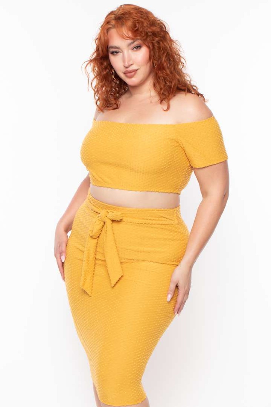 Sets * | Curvy Sense Plus Size Off The Shoulder Textured Matching Set Mustard