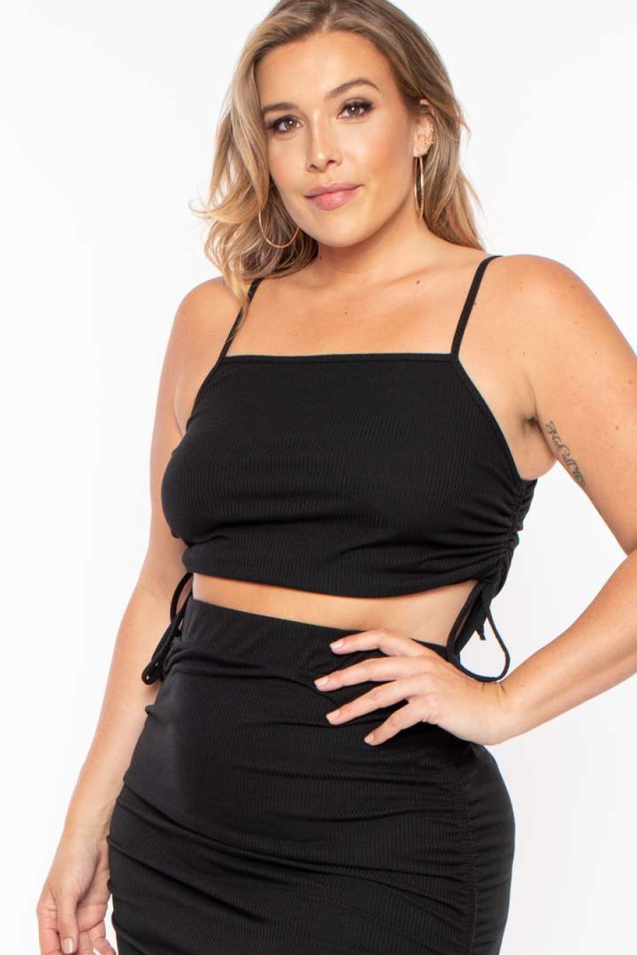 Sets * | Curvy Sense Plus Size Ruched Crop Top & Skirt Set Black